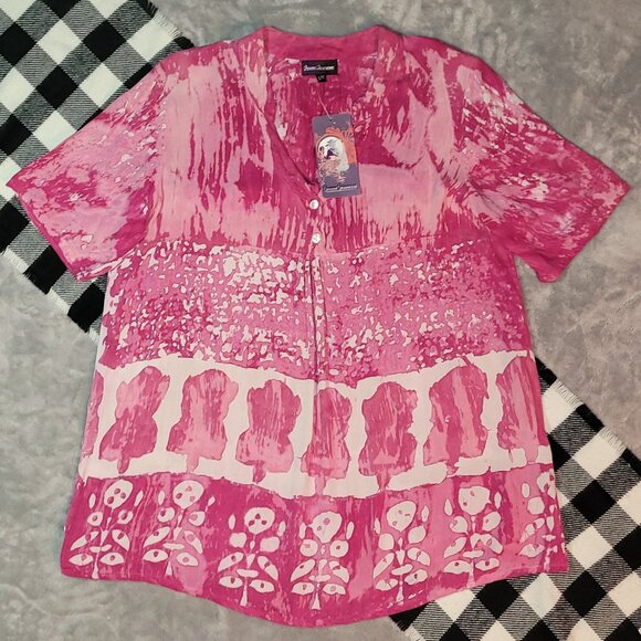 S/M | Jeune Jeunesse | Tropic Tides Short Sleeve Button-V-Neck Blouse - Picture 1 of 7